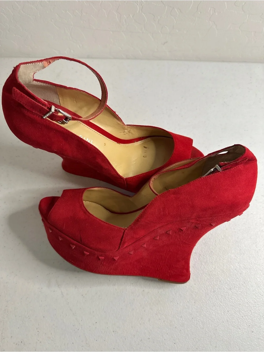 Gianni Bini Red Suede Peep-Toe Ankle-Strap Wedges